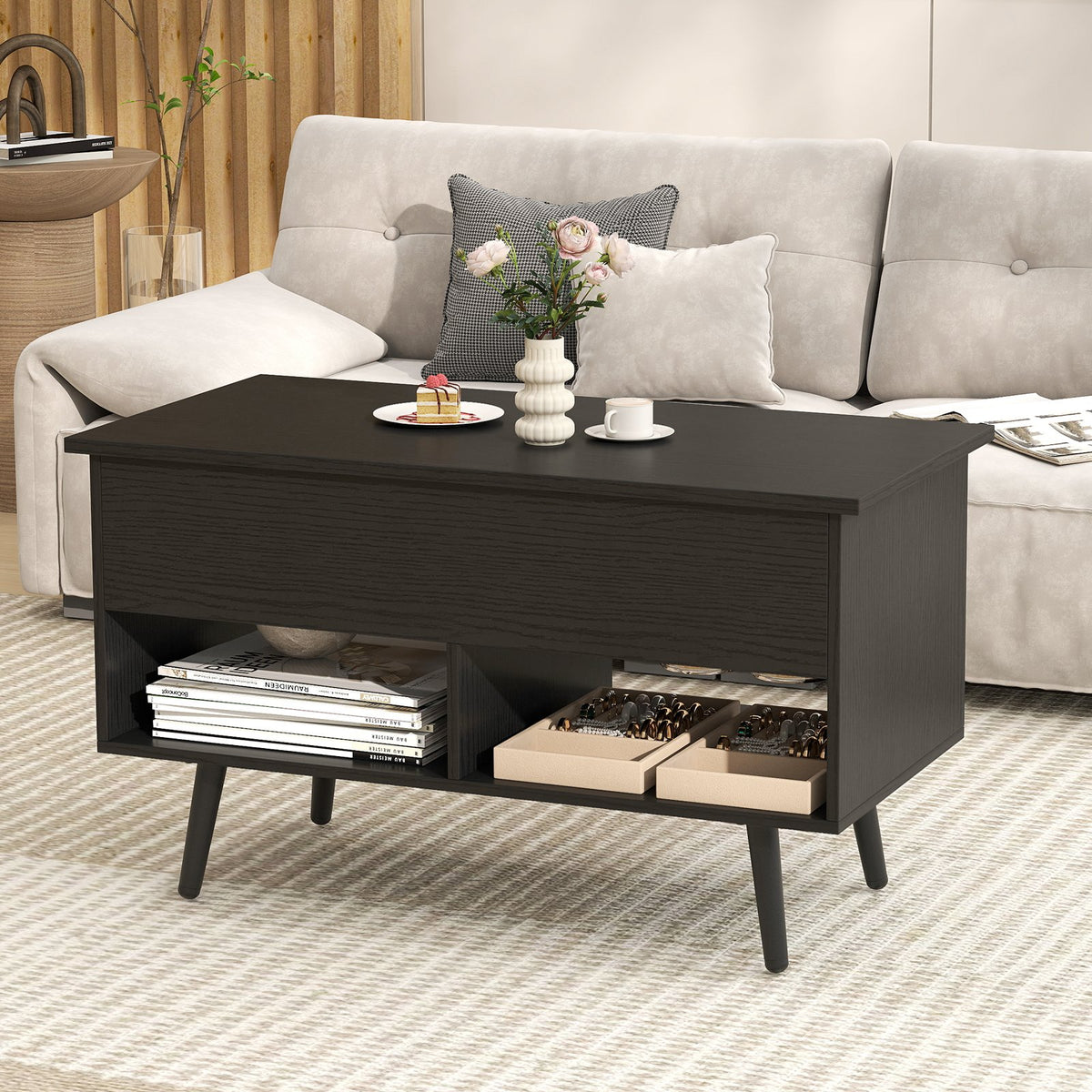 31.5 Inch Lift Top Coffee Table with Hidden Compartment and 2 Storage Shelves-Black view 2