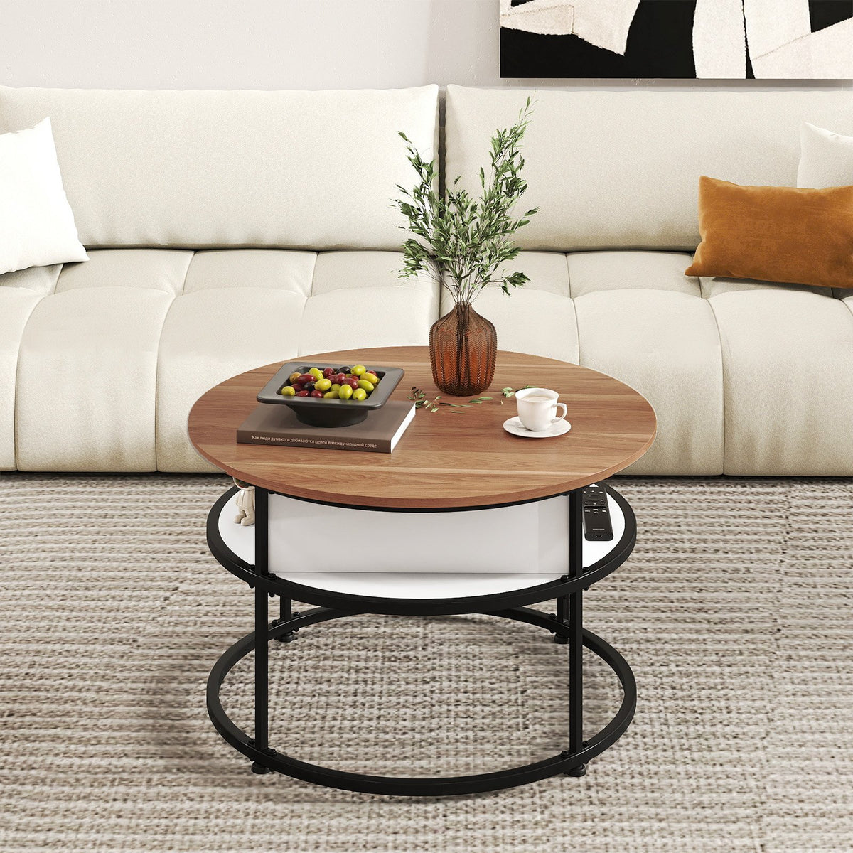 31.5 Inch Round Lift Top Coffee Table with Hidden Compartment and Side Shelves-Teak view 2