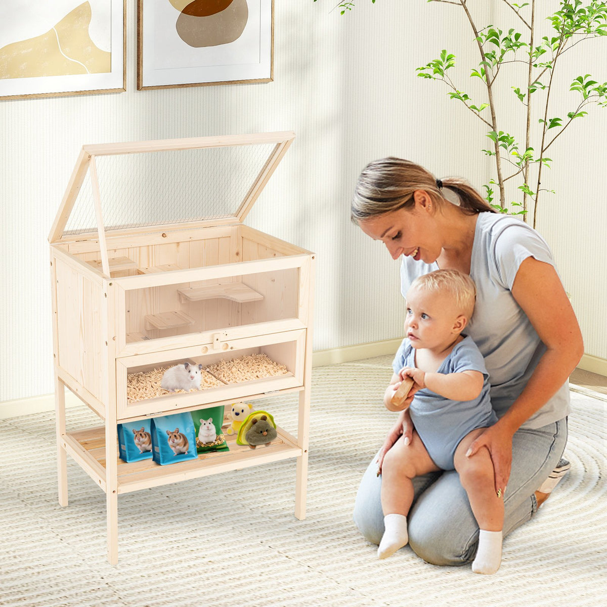 31.5 Inches Freestanding Hamster Cage Wooden Hamster Habitat Playpen-Natural view 2