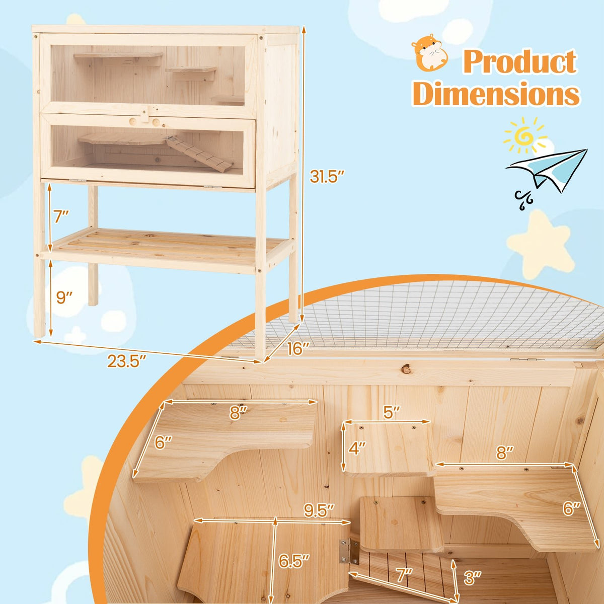 31.5 Inches Freestanding Hamster Cage Wooden Hamster Habitat Playpen-Natural view 5