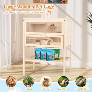31.5 Inches Freestanding Hamster Cage Wooden Hamster Habitat Playpen-Natural view 7