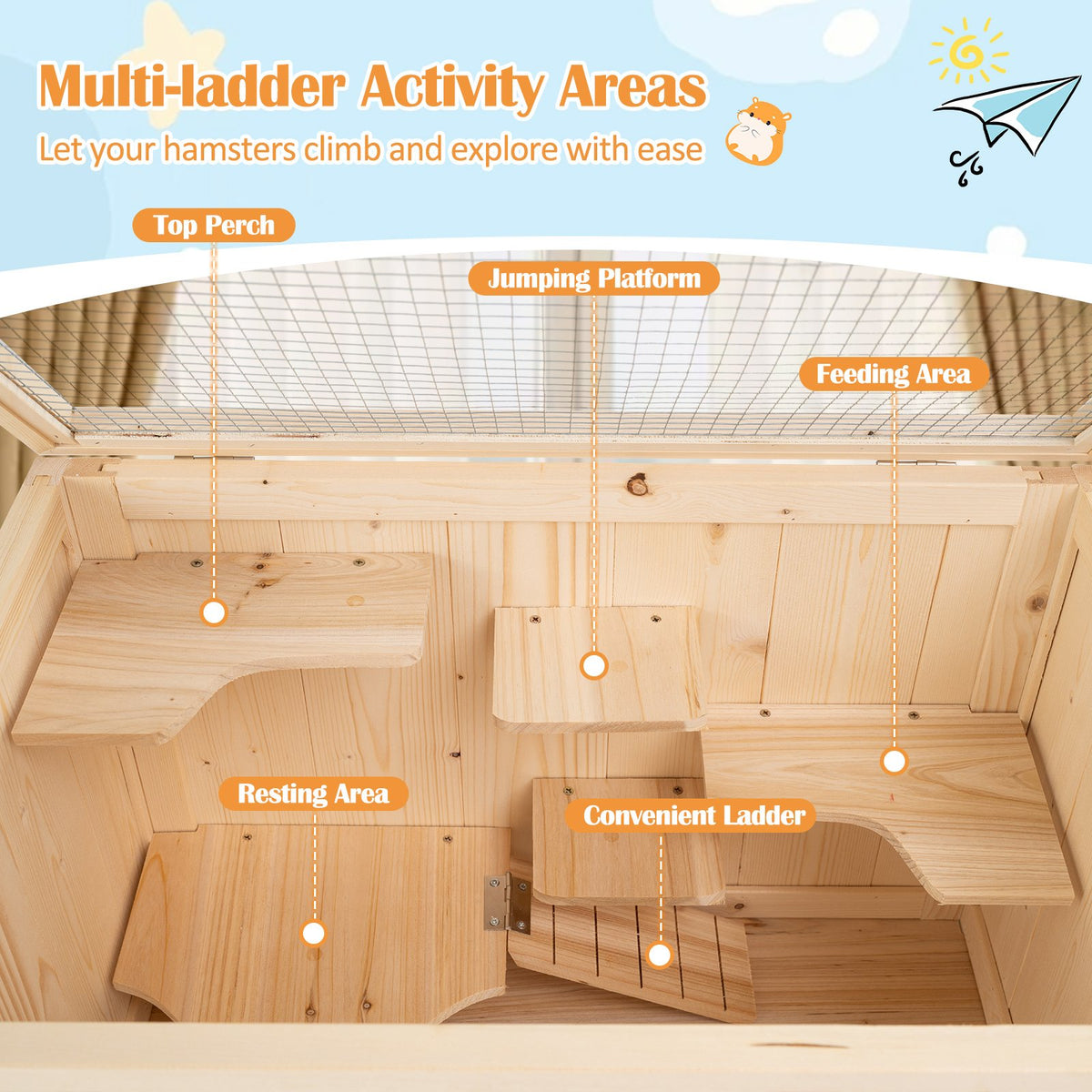 31.5 Inches Freestanding Hamster Cage Wooden Hamster Habitat Playpen-Natural view 8