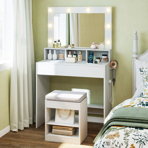 31.5 Inches Vanity Desk with 3 Lighting Modes and Storage Shelves-White view 2