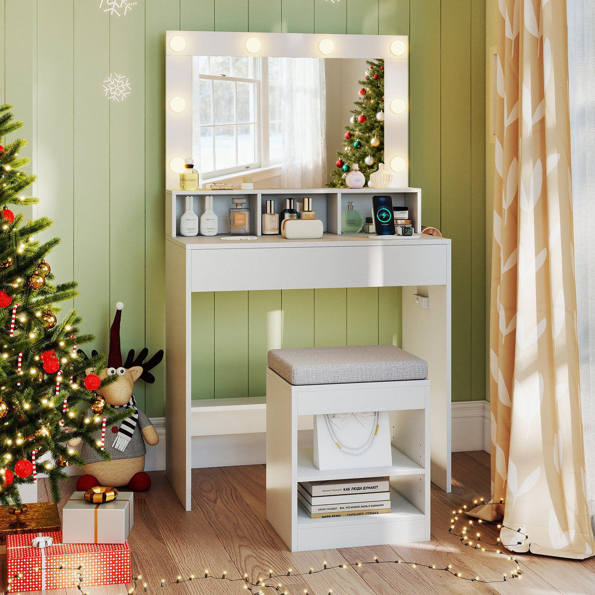 31.5 Inches Vanity Desk with 3 Lighting Modes and Storage Shelves-White view 3