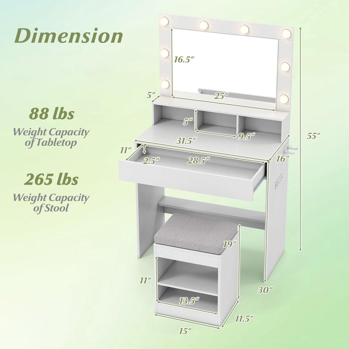 31.5 Inches Vanity Desk with 3 Lighting Modes and Storage Shelves-White view 4