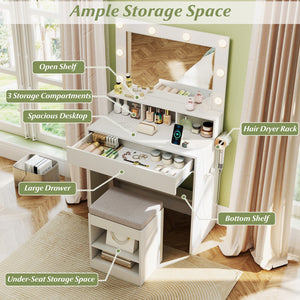 31.5 Inches Vanity Desk with 3 Lighting Modes and Storage Shelves-White view 8