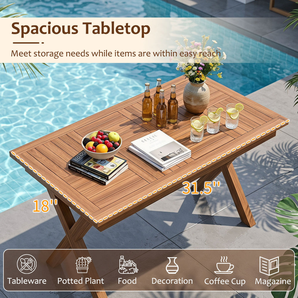31.5 inches Outdoor Teak Wood Coffee Table with Slatted Tabletop for Patio view 7