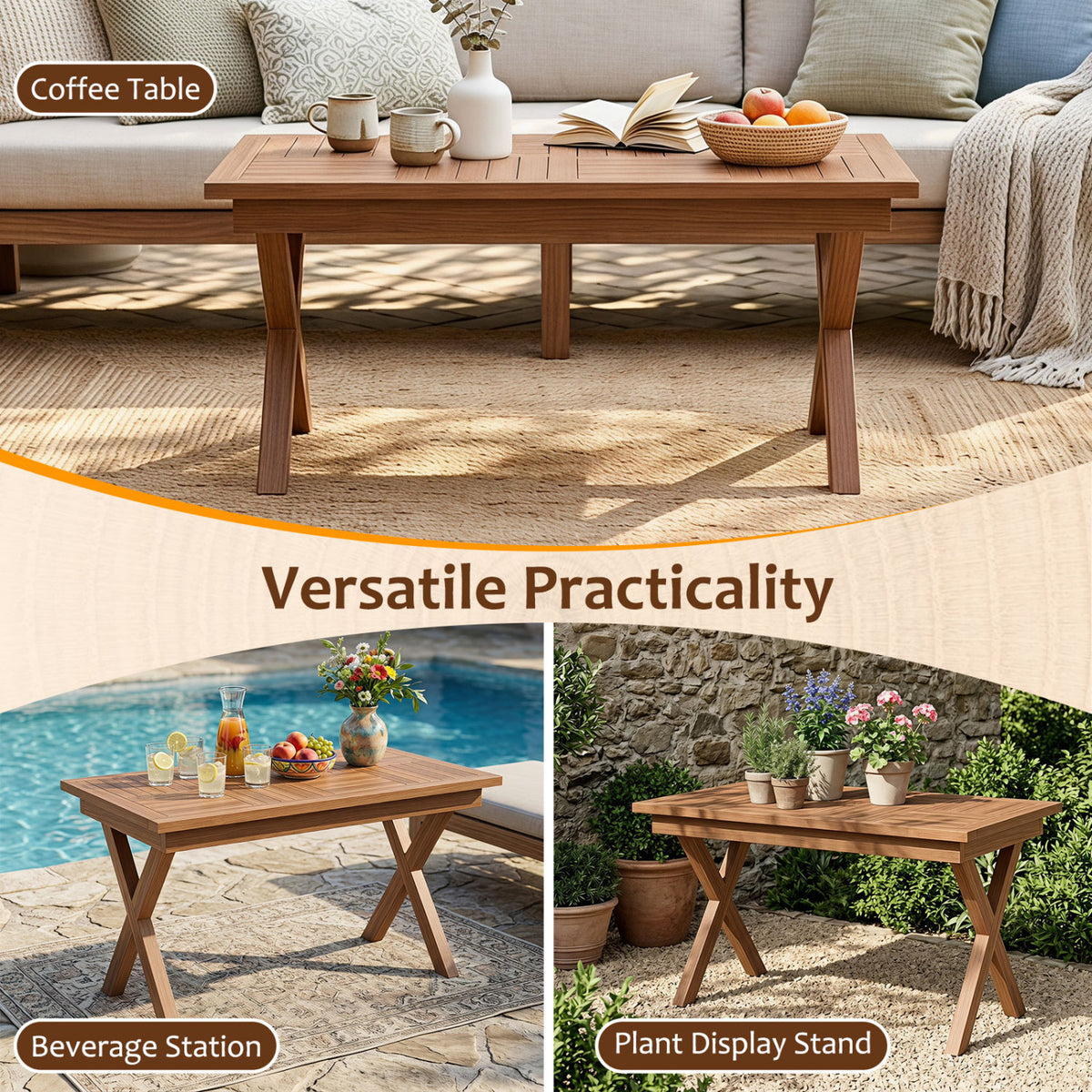 31.5 inches Outdoor Teak Wood Coffee Table with Slatted Tabletop for Patio view 8
