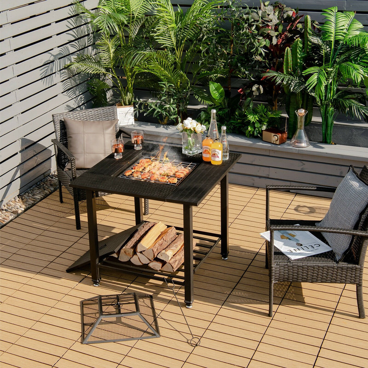 31 Inch Outdoor Fire Pit Dining Table with Cooking BBQ Grate view 2