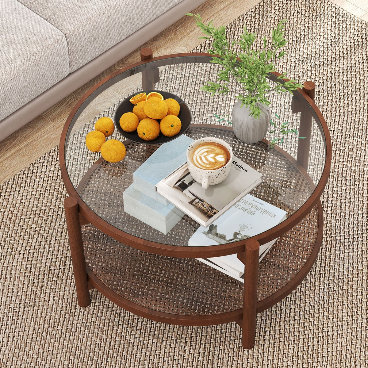 31 Inch 2-Tier Round Coffee Table with Tempered Glass Top for Living Room-Cherry view 2