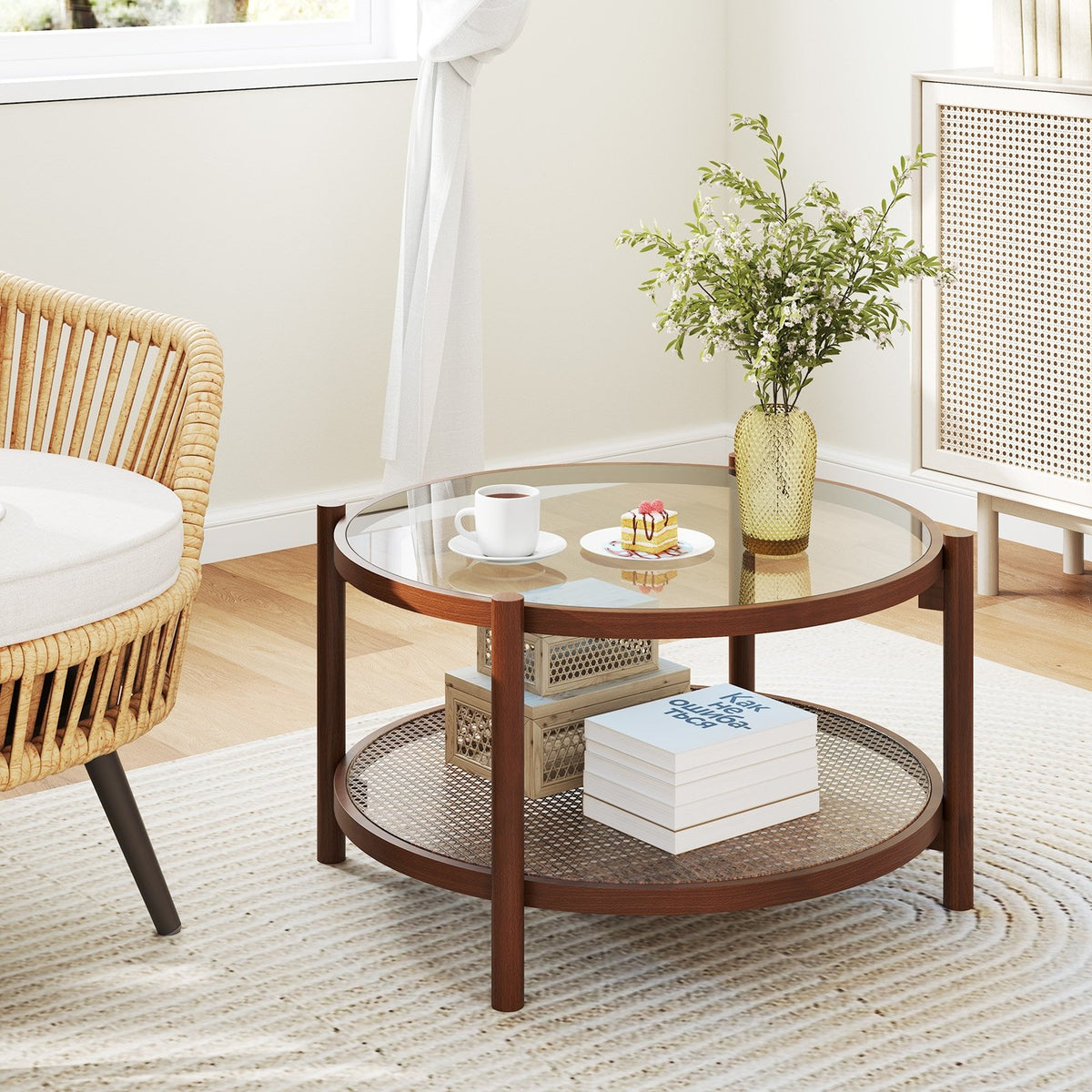 31 Inch 2-Tier Round Coffee Table with Tempered Glass Top for Living Room-Cherry view 3
