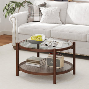 31 Inch 2-Tier Round Coffee Table with Tempered Glass Top for Living Room-Cherry view 6