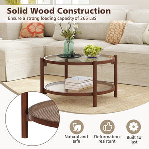 31 Inch 2-Tier Round Coffee Table with Tempered Glass Top for Living Room-Cherry view 7