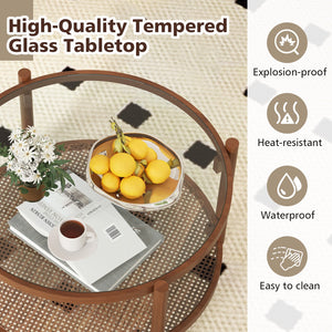 31 Inch 2-Tier Round Coffee Table with Tempered Glass Top for Living Room-Cherry view 8