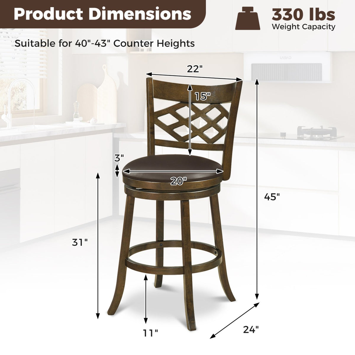31 Inch Counter Height Bar Stools Set of 2 with Rubber Wood Frame-31 Inch view 4