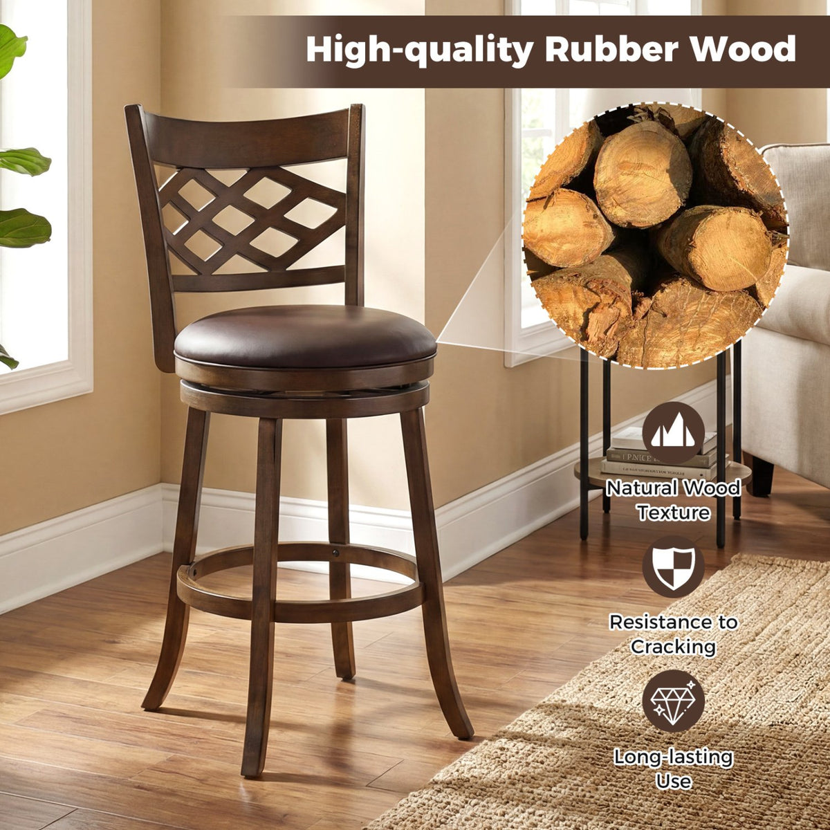 31 Inch Counter Height Bar Stools Set of 2 with Rubber Wood Frame-31 Inch view 5