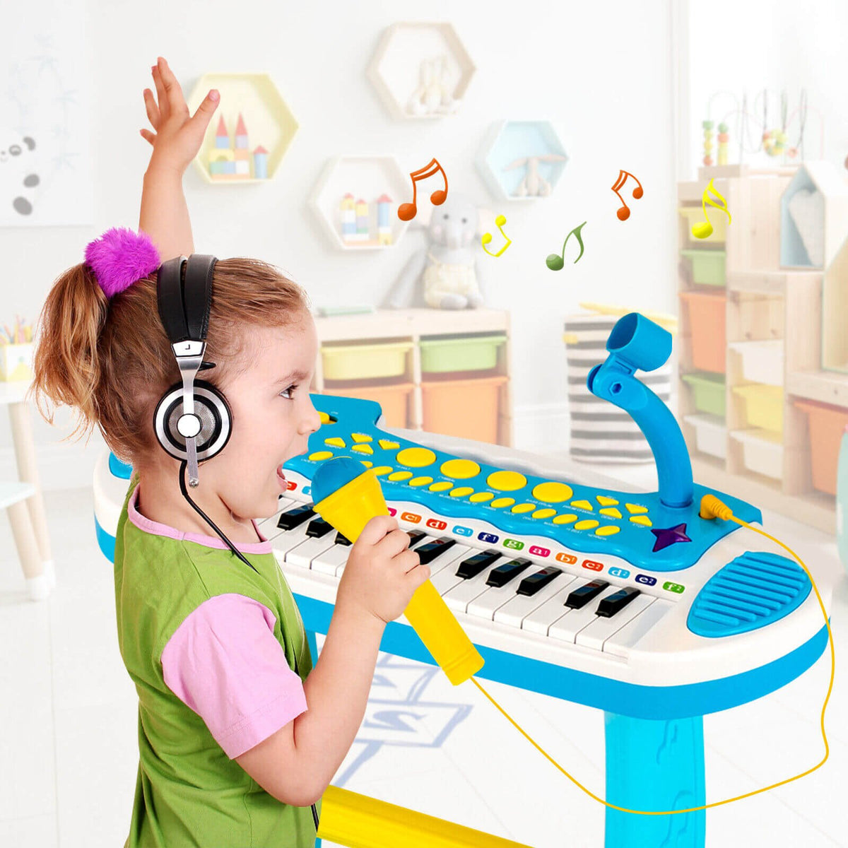 31-Key Kids Piano Keyboard Toy with Microphone and Multiple Sounds for Age 3+-Blue view 2