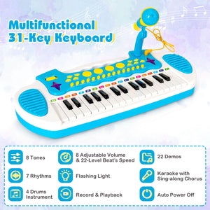 31-Key Kids Piano Keyboard Toy with Microphone and Multiple Sounds for Age 3+-Blue view 8