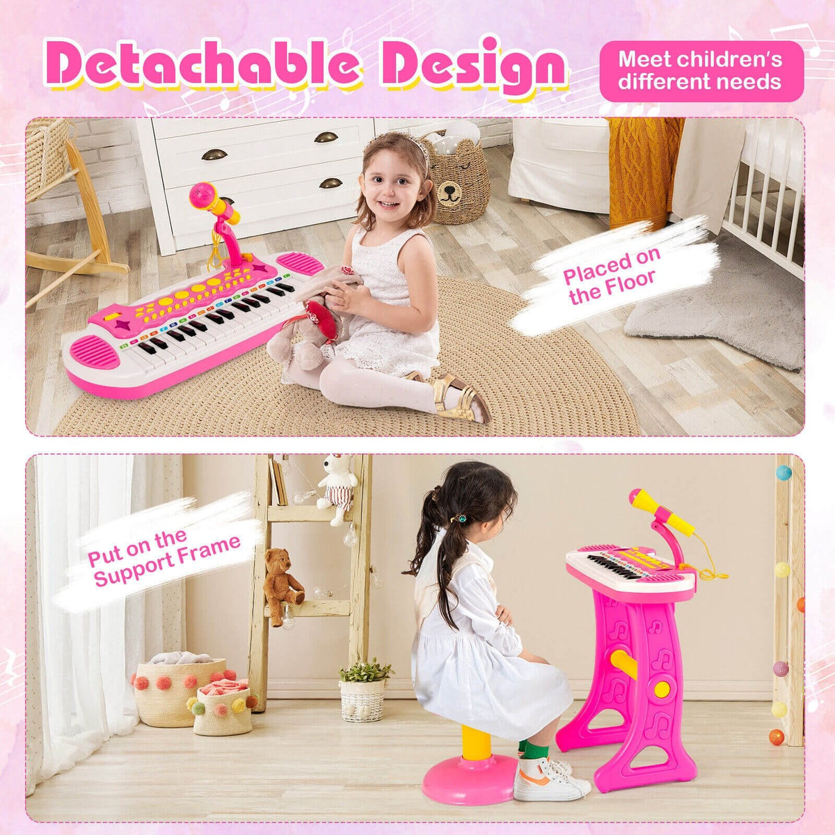 31-Key Kids Piano Keyboard Toy with Microphone and Multiple Sounds for Age 3+-Pink view 3