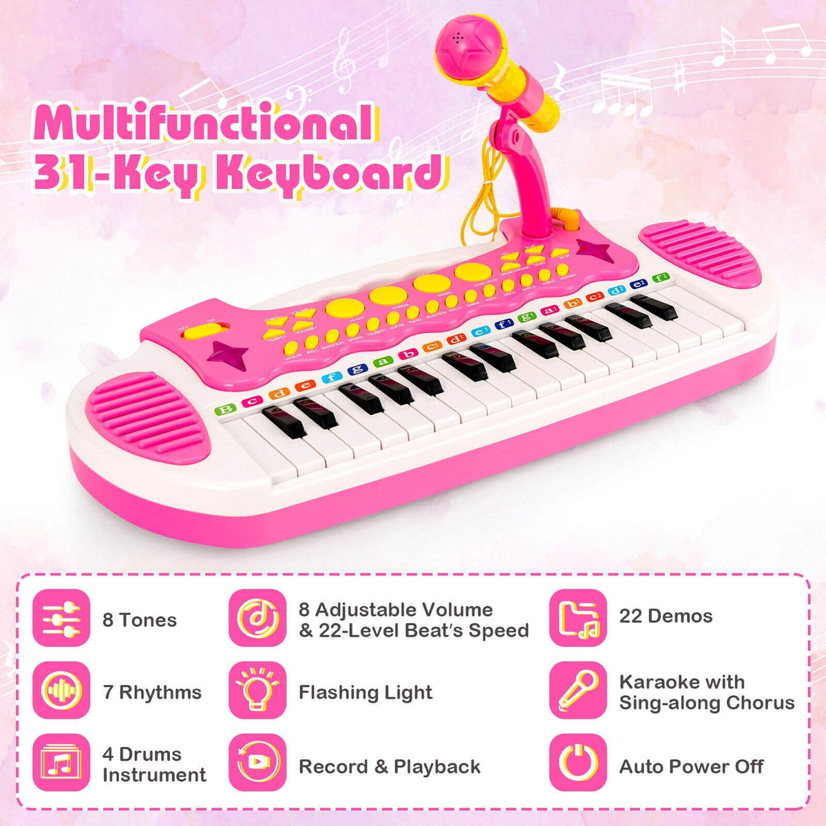 31-Key Kids Piano Keyboard Toy with Microphone and Multiple Sounds for Age 3+-Pink view 9