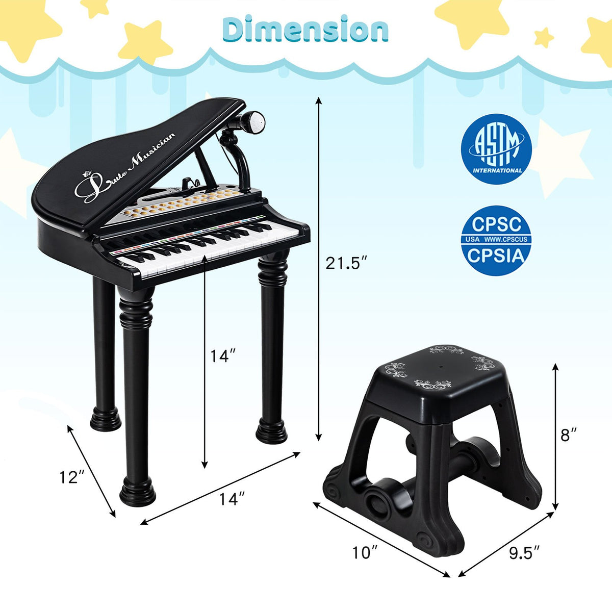 31 Keys Kids Piano Keyboard with Stool and Piano Lid-Black view 4