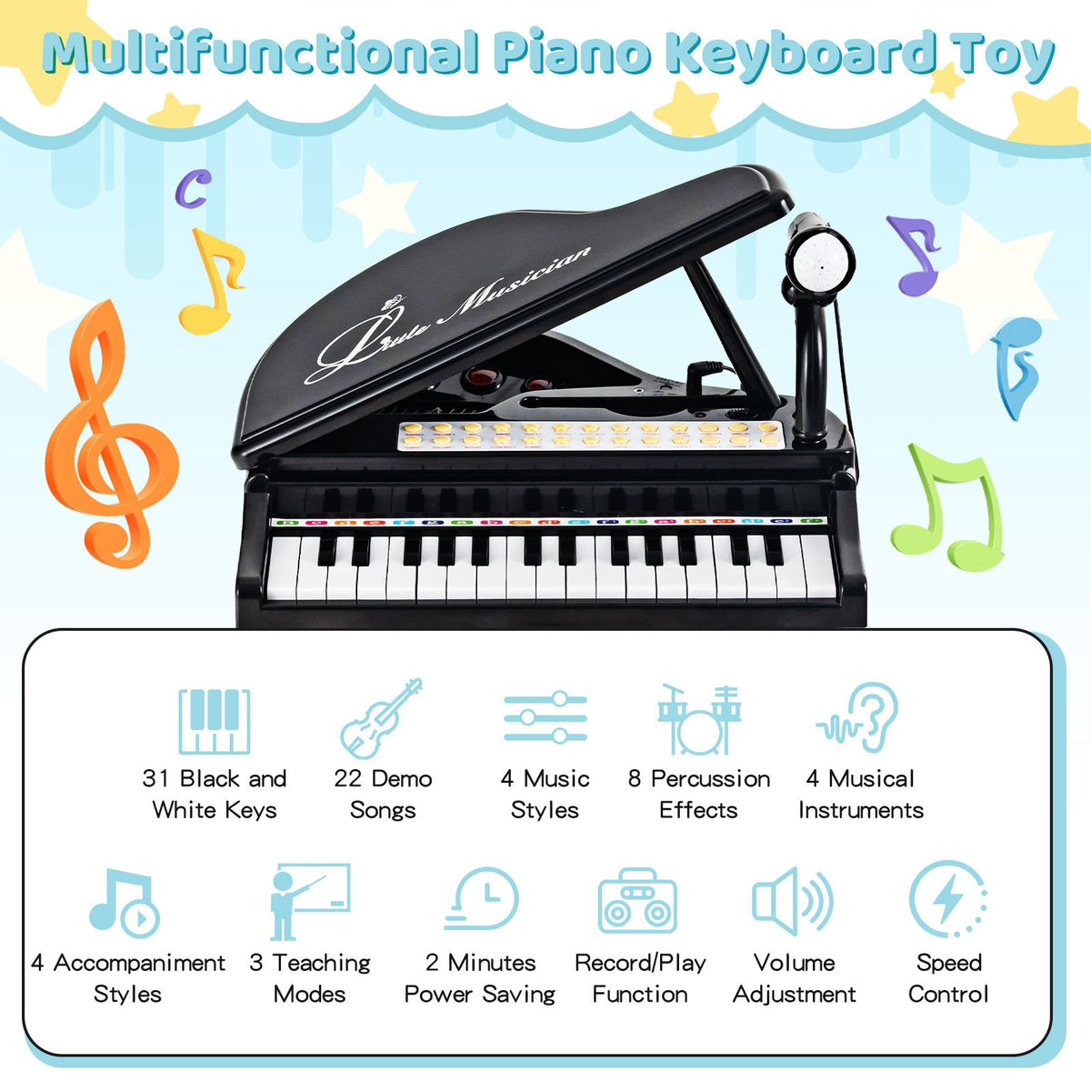 31 Keys Kids Piano Keyboard with Stool and Piano Lid-Black view 5