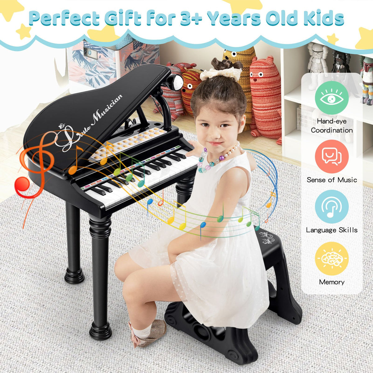 31 Keys Kids Piano Keyboard with Stool and Piano Lid-Black view 7