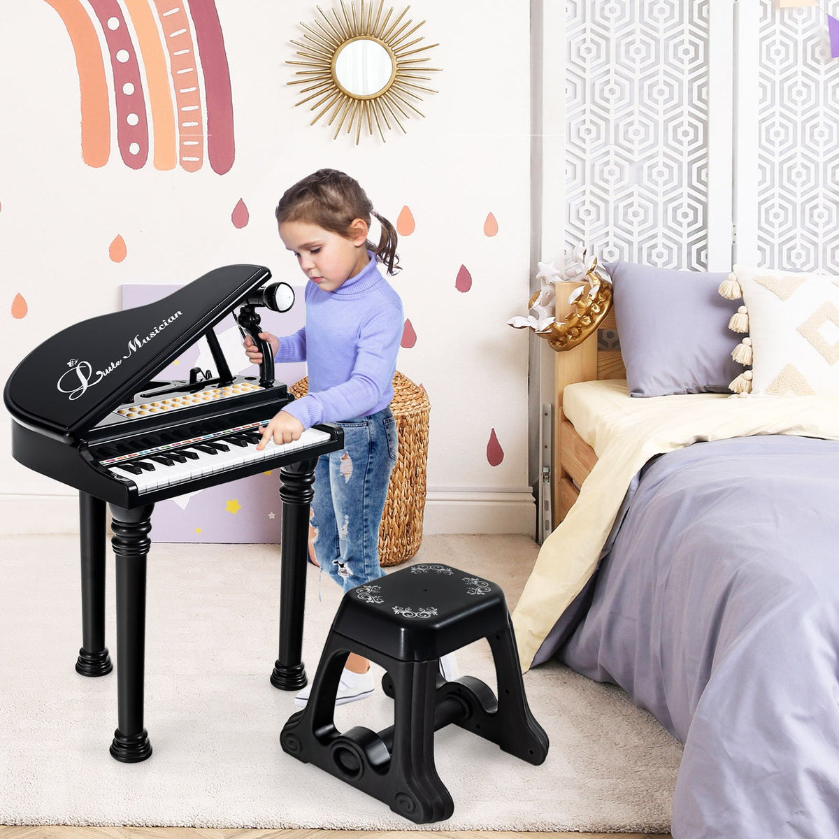 31 Keys Kids Piano Keyboard with Stool and Piano Lid-Black view 9