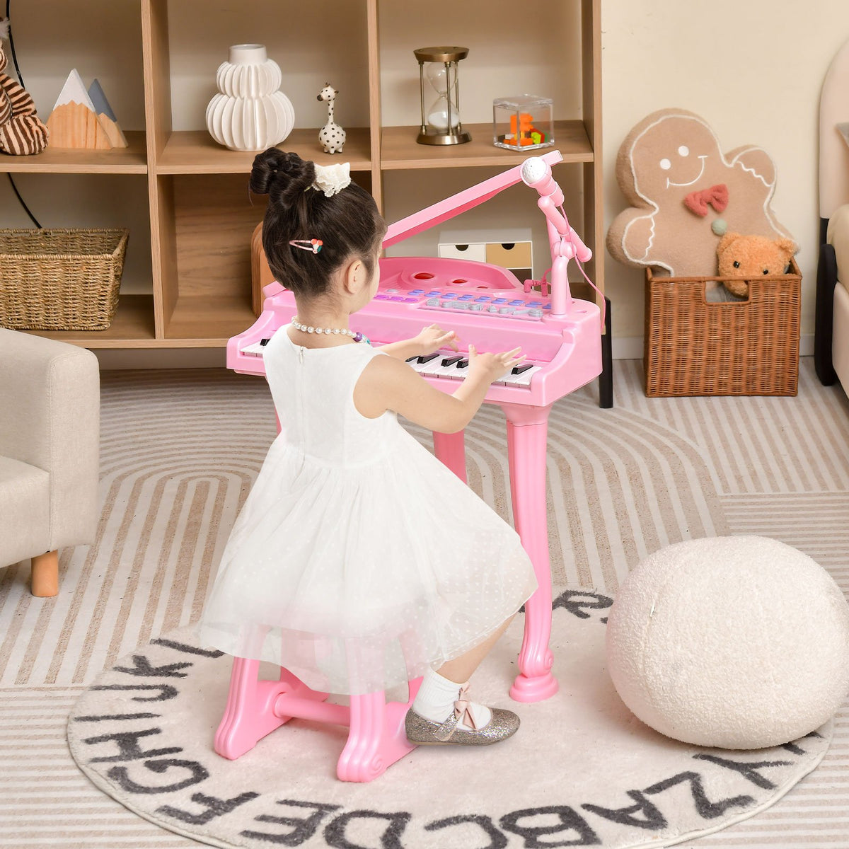 31 Keys Kids Piano Keyboard with Stool and Piano Lid-Pink view 2