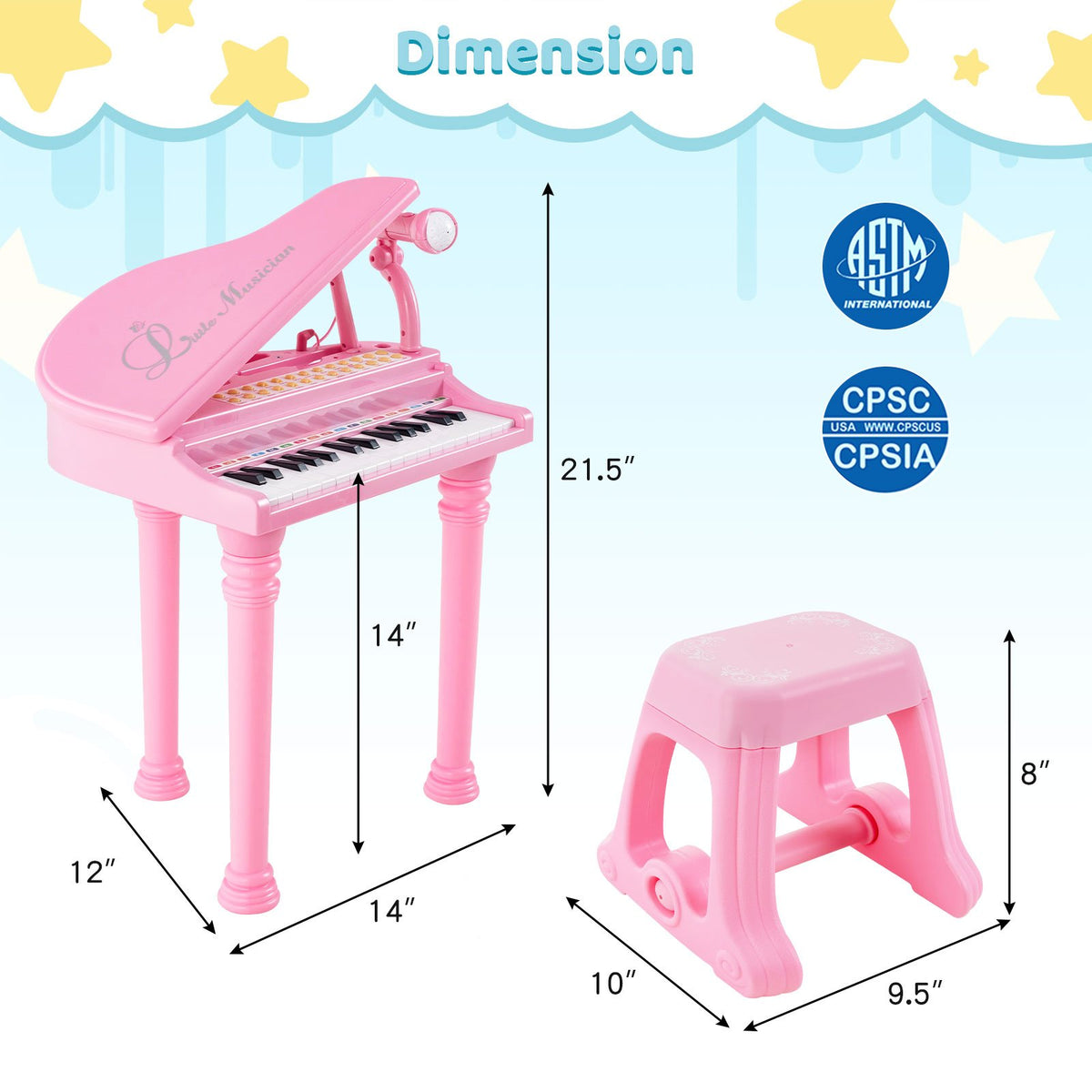 31 Keys Kids Piano Keyboard with Stool and Piano Lid-Pink view 4