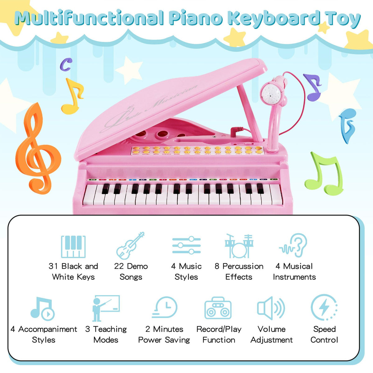31 Keys Kids Piano Keyboard with Stool and Piano Lid-Pink view 5