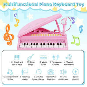 31 Keys Kids Piano Keyboard with Stool and Piano Lid-Pink view 5