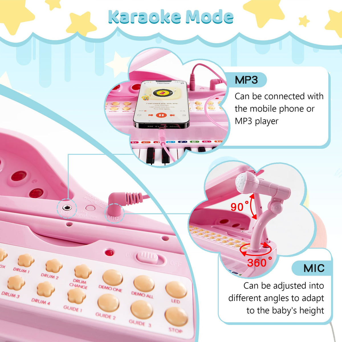 31 Keys Kids Piano Keyboard with Stool and Piano Lid-Pink view 6