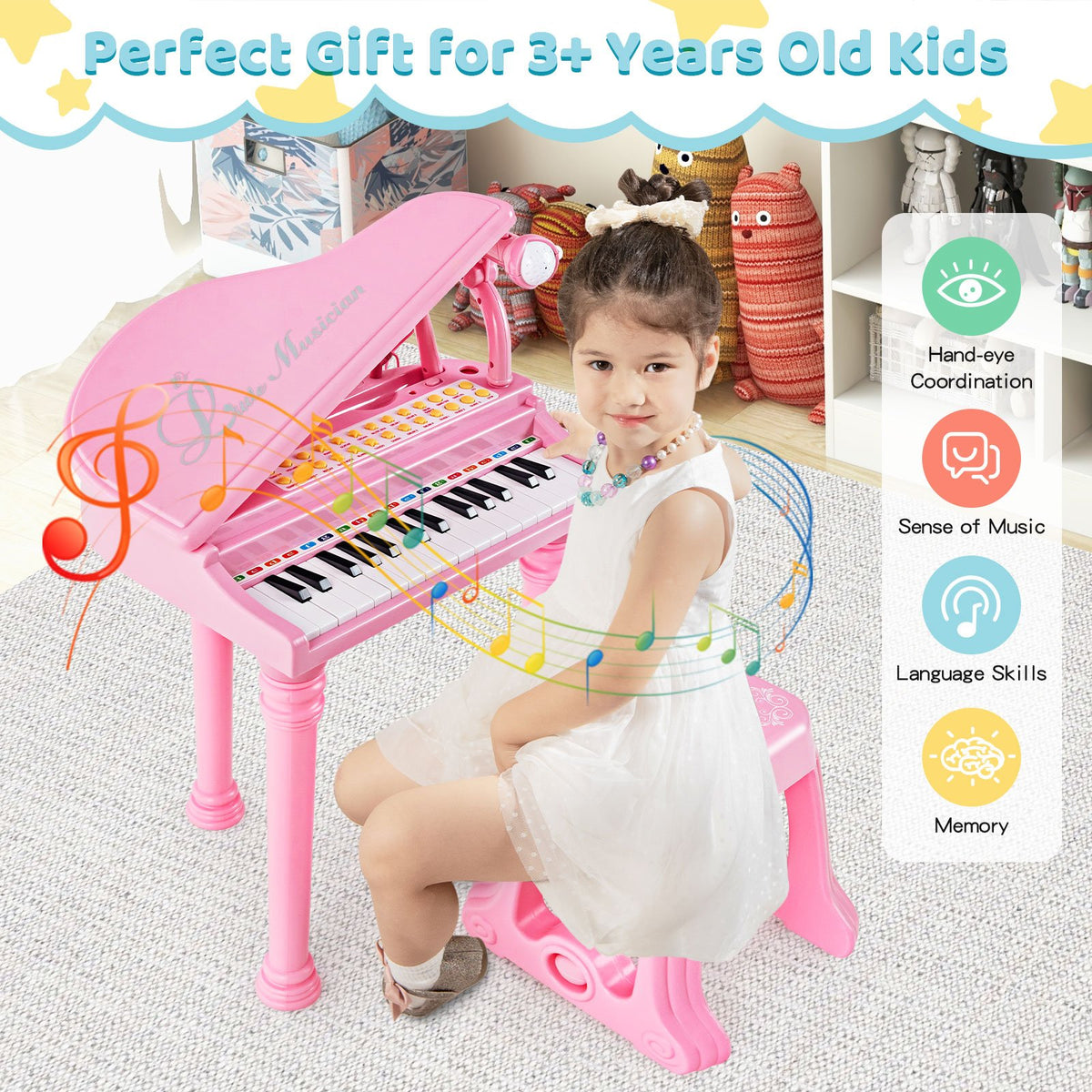 31 Keys Kids Piano Keyboard with Stool and Piano Lid-Pink view 7