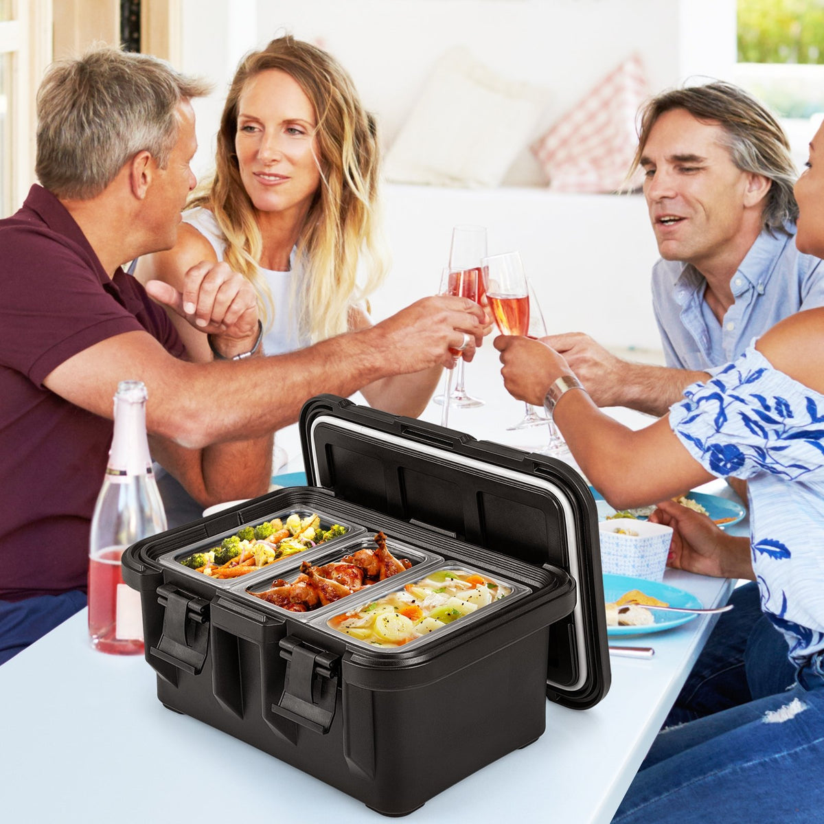 31 QT Insulated Food Pan Container with 3 Transparent One-Third Pans with Lids-Black view 2