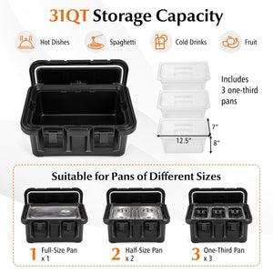 31 QT Insulated Food Pan Container with 3 Transparent One-Third Pans with Lids-Black view 7