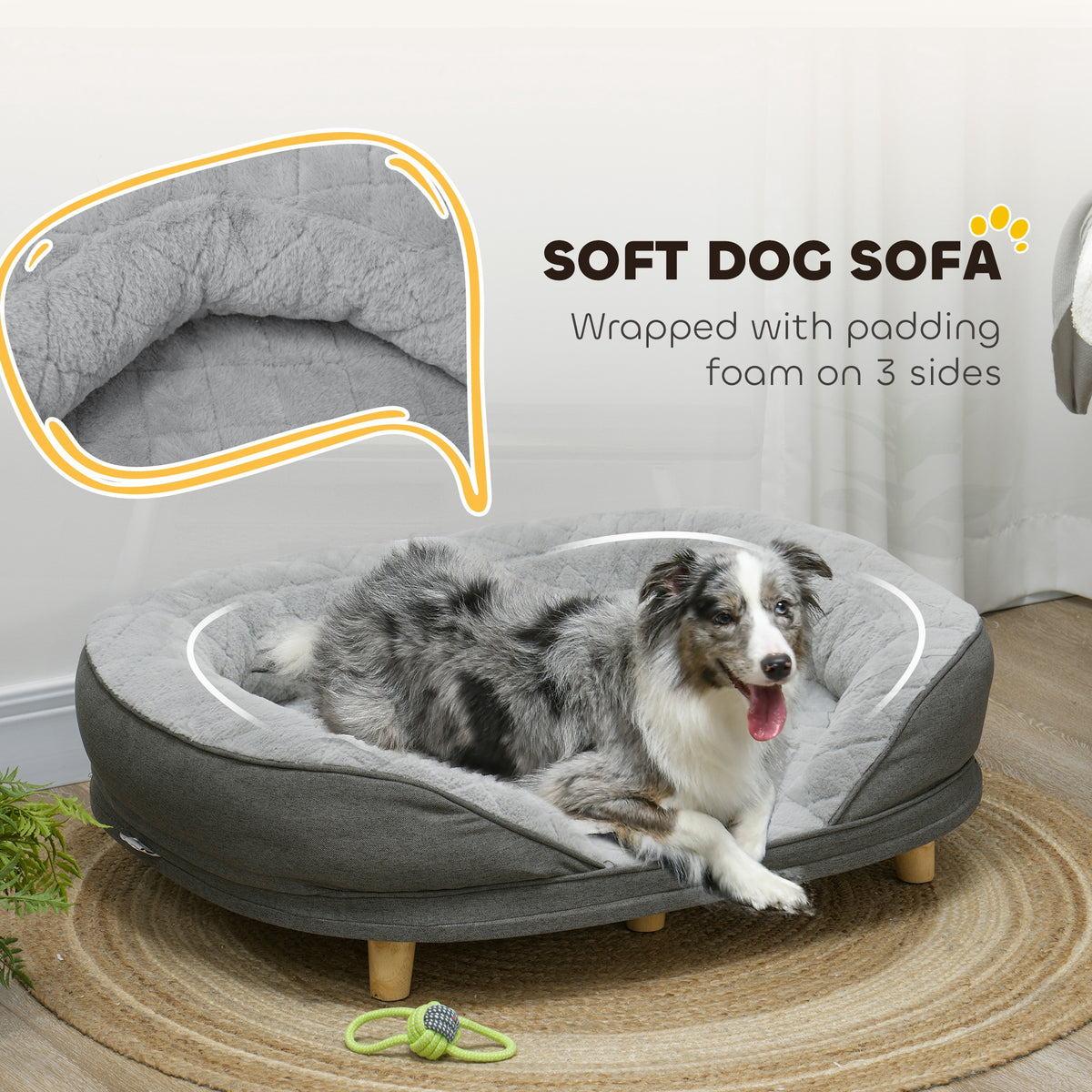 Pet Sofa Bed for Large Dogs with Removable Cushion, Washable Cover, Anti-slip Foot Pads, Grey