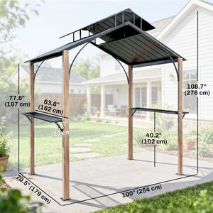 8 x 6ft Hardtop Grill Gazebo, BBQ Gazebo with Metal Double Roof, Outdoor Grill Canopy with Wood-Grain Aluminum Frame