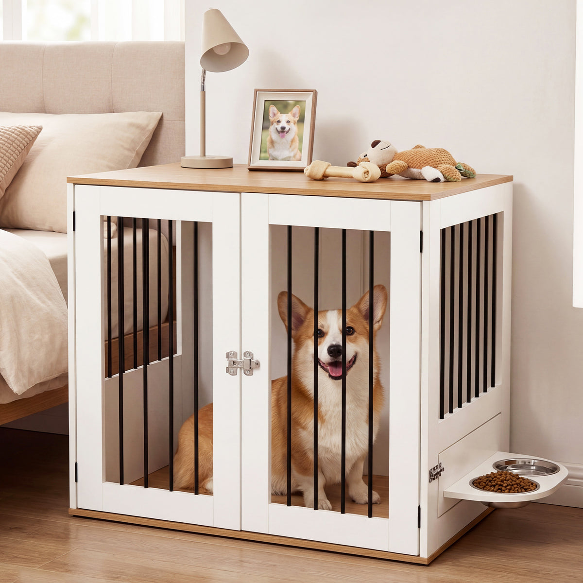 31.5” Dog Crate Furniture Wooden Dog Kennel with Double Lock Doors-White view 3