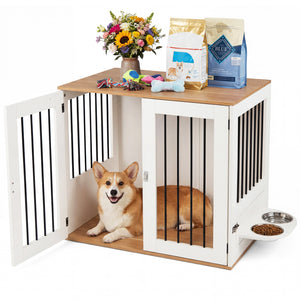 31.5” Dog Crate Furniture Wooden Dog Kennel with Double Lock Doors-White