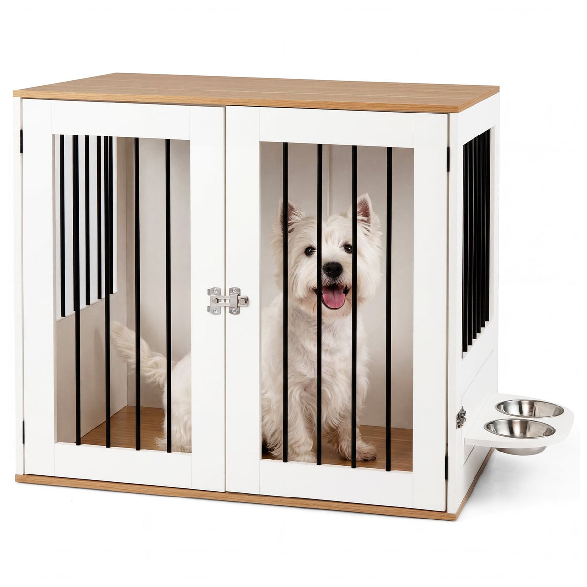 31.5” Dog Crate Furniture Wooden Dog Kennel with Double Lock Doors-White view 4