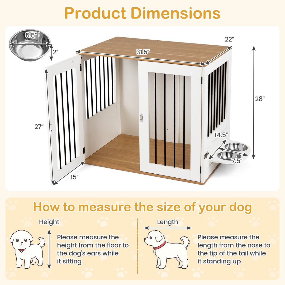 31.5” Dog Crate Furniture Wooden Dog Kennel with Double Lock Doors-White view 5