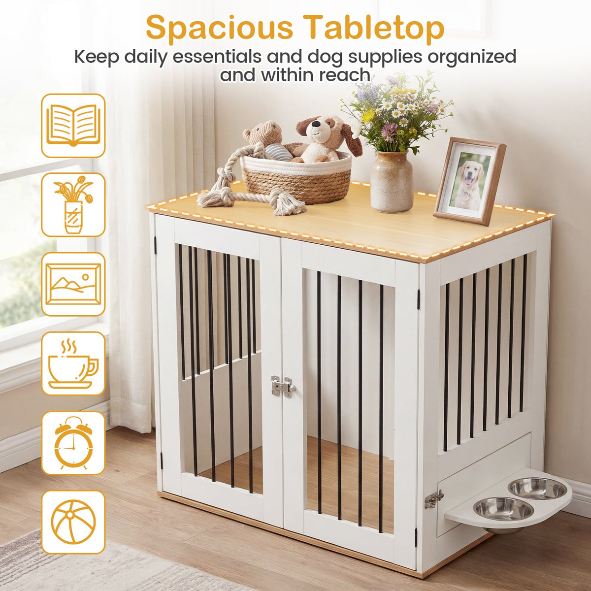 31.5” Dog Crate Furniture Wooden Dog Kennel with Double Lock Doors-White view 6
