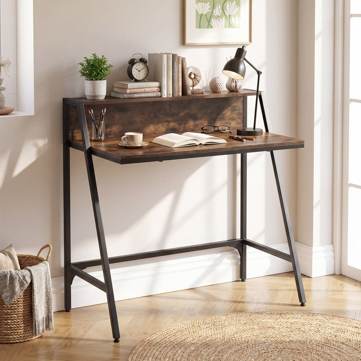 31.5 inches Industrial Desk with Raised Shelf Metal Frame-Rustic Brown view 2