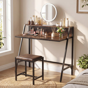 31.5 inches Industrial Desk with Raised Shelf Metal Frame-Rustic Brown view 3