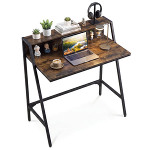31.5 inches Industrial Desk with Raised Shelf Metal Frame-Rustic Brown