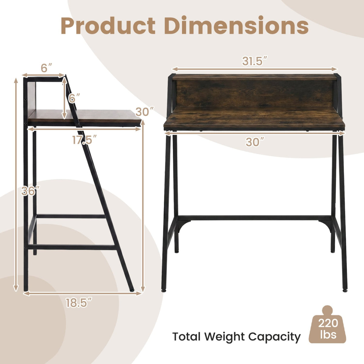 31.5 inches Industrial Desk with Raised Shelf Metal Frame-Rustic Brown view 5