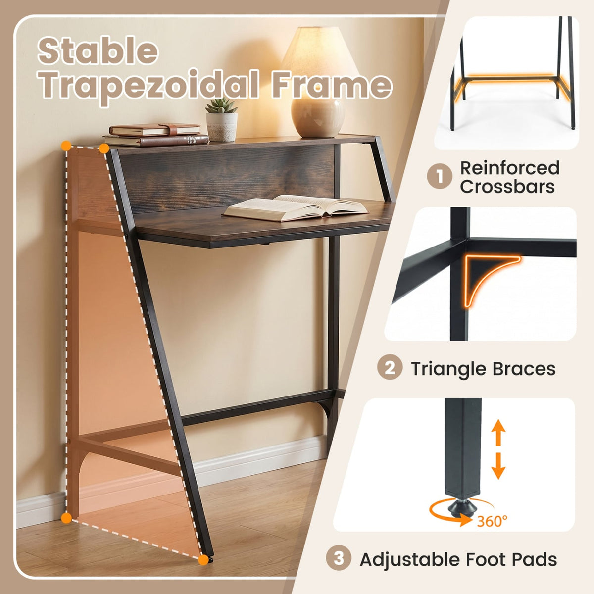 31.5 inches Industrial Desk with Raised Shelf Metal Frame-Rustic Brown view 7