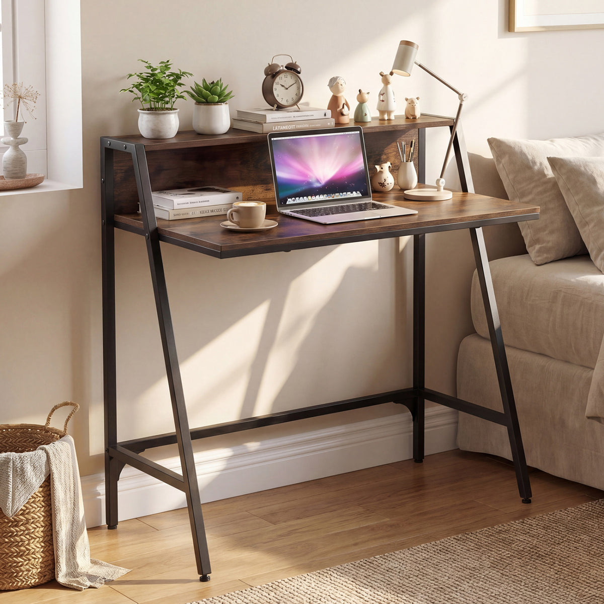 31.5 inches Industrial Desk with Raised Shelf Metal Frame-Rustic Brown view 9