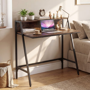 31.5 inches Industrial Desk with Raised Shelf Metal Frame-Rustic Brown view 9